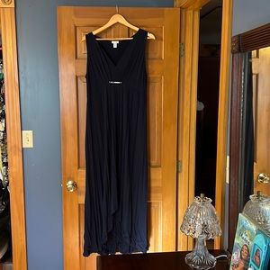 Navy Chicos flowing gown, hem shorter in front, soft and comfortable